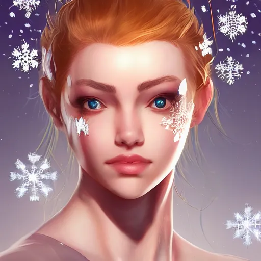 Prompt: a pretty face turning into silk snowflakes. artstation award