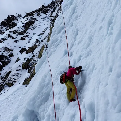 Image similar to two climbers trying to climb to the top of the world with an avalanche that sweeps them away , photo