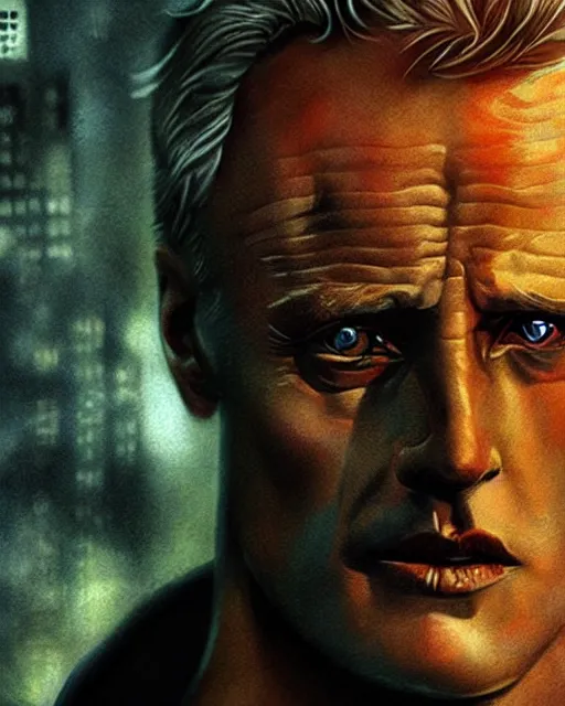 Prompt: a medium close up portrait of roy batty from blade runner, rainy streets in the background, digital art by joseph karl stieler and ross tran, highly detailed, trending on behance