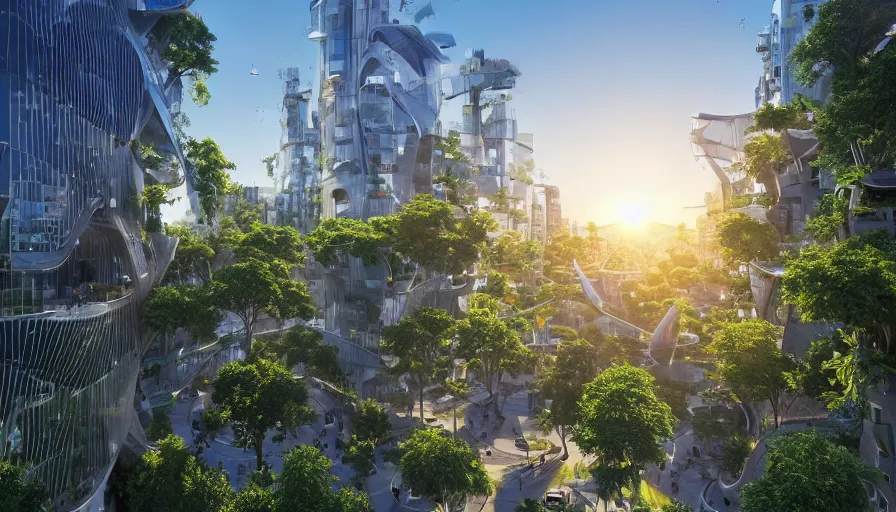 prompthunt: Sunrise over solarpunk city, many trees and plants, archdaily,  straight lines, many flying cars, busy streets filled with pedestrians, sun  rays, vines, vertical gardens, utopia, beautiful glass and steel  architecture, extreme