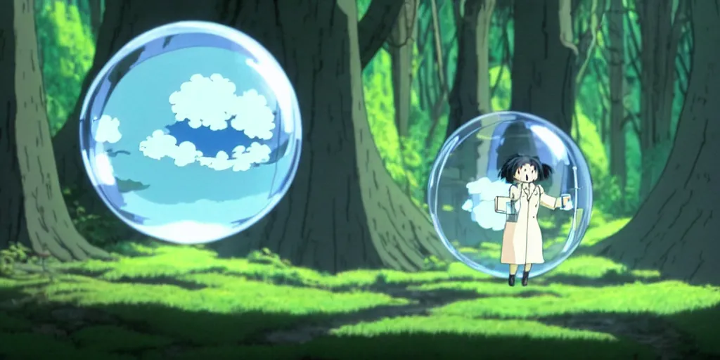 Prompt: unrealistic interior shot from howls moving castle ( 2 0 0 4 ) of a scientist rocketing out of a bubble in a dense woodland a abandoned alley. cartoon depth of field.