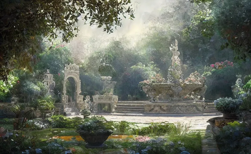 Prompt: Beautiful garden, next to a fountain and a mystical palace, intricate, elegant, volumetric lighting, digital painting, highly detailed, artstation, sharp focus, illustration, concept art, ruan jia, steve mccurry