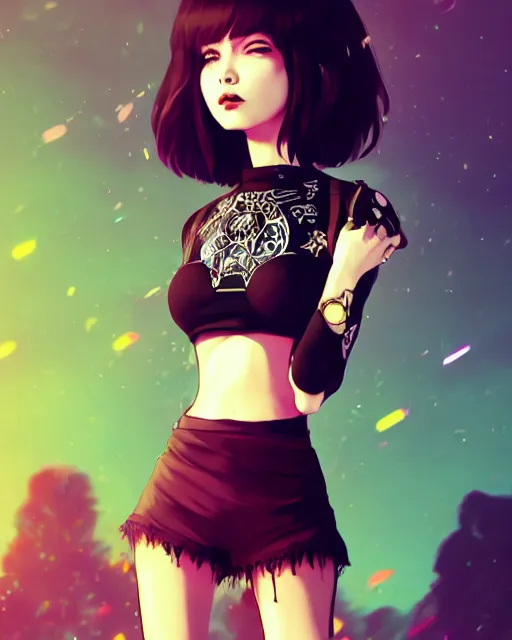 Image similar to a beautiful punkrock woman in crop top, art by saruei and guweiz and ilya kuvshinov, digital art, highly detailed, intricate, sharp focus, trending on artstation hq, deviantart, pinterest, unreal engine 5, 4 k uhd image