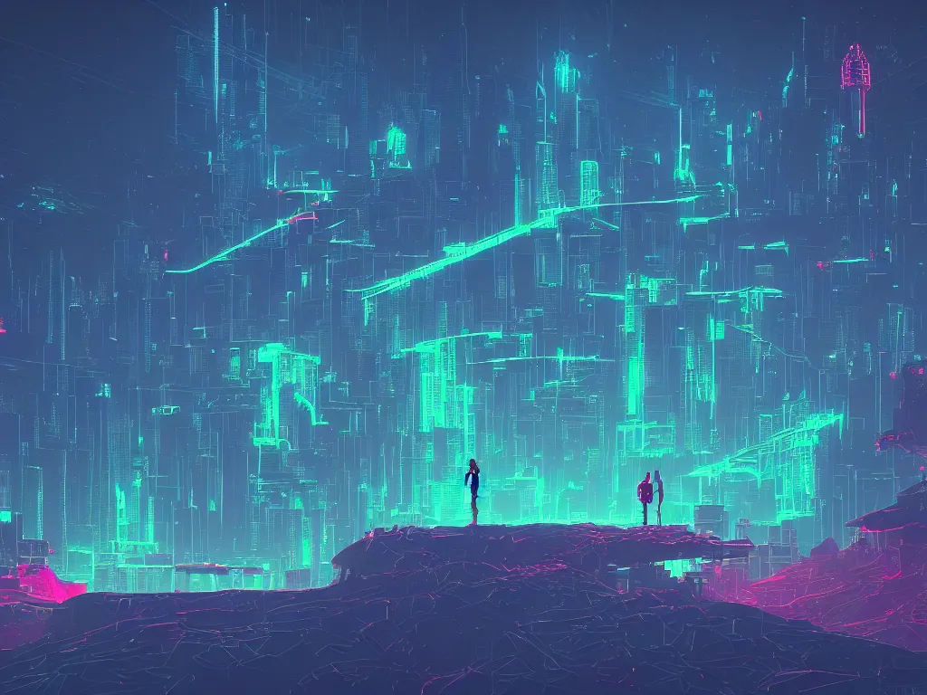 Image similar to synthwave landscape of a lone traveler walking towards a distant cyberpunk castle, complex, cyberspace, grid, holographic, virtual, night, wireframe, by Anton Fadeev, by Alena Aenami, by Paul Lehr, wide angle, highly detailed, cinematic, Blue and Green color scheme