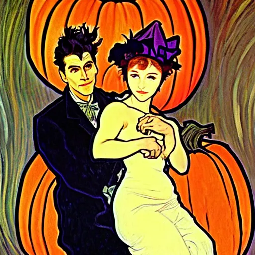 Image similar to painting of handsome young beautiful jeff and gorgeous rina together at the jack o'lantern halloween party, elegant, clear, painting, stylized, art, art by alphonse mucha, vincent van gogh, egon schiele,