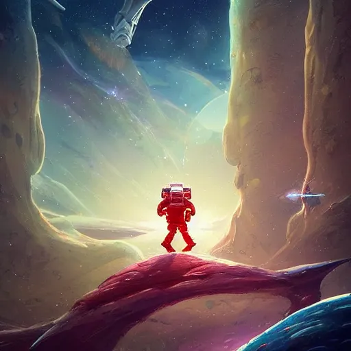 Image similar to Astronauts are riding some mythical animals, they are running on the surface of a planet with wacky wildlife, some planets and nebulas are as background, by Jordan Grimmer digital art, trending on Artstation,