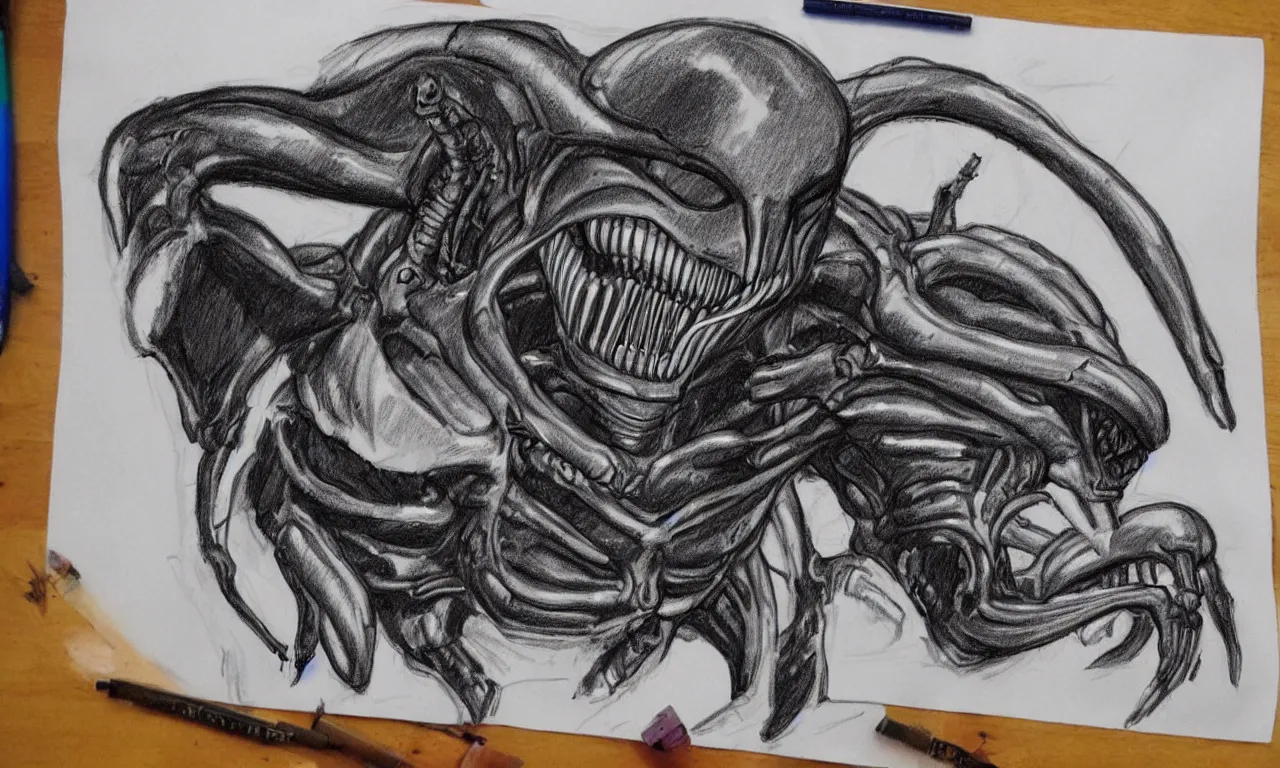 Image similar to a rough sketch of one xenomorph drawn by a 4 year old kid