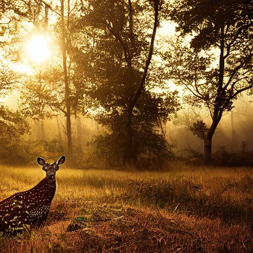 Image similar to a beautiful spotted deer in the woods lit by the morning sky, sunrise, chital, photorealistic, by annie leibovitz and steve mccurry, natural light, canon eos c 3 0 0, ƒ 1. 8, 3 5 mm, 8 k, medium - format print