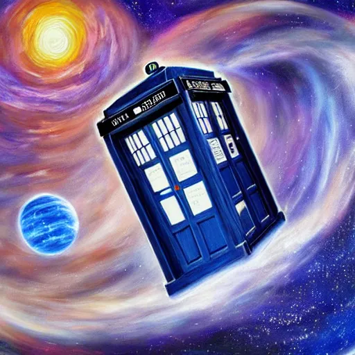 Image similar to oil painting of the tardis from dr who flying through space. beautiful. space.