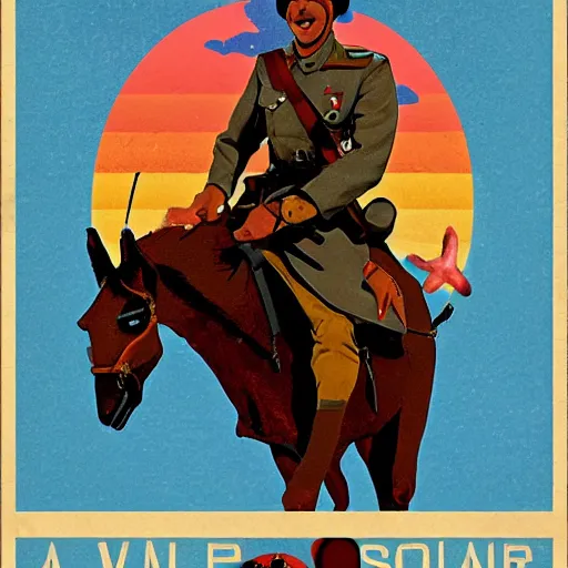 Prompt: A soldier riding on a lama at the beach, digital art, propaganda poster