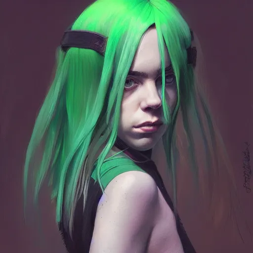 Image similar to portrait of billie eilish, green hair, future, by greg rutkowski, colorful, trending on artstation,