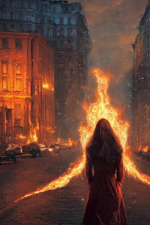 Prompt: !dream in the foreground a street of Saint Petersburg, in the background a blonde woman from behind with flames coming out of her hands wearing a long jacket like a matrix, realistic, high definition, many details, dramatic scene, detailed and realistic hands, face symmetrical, realistic eyes, art of D&D