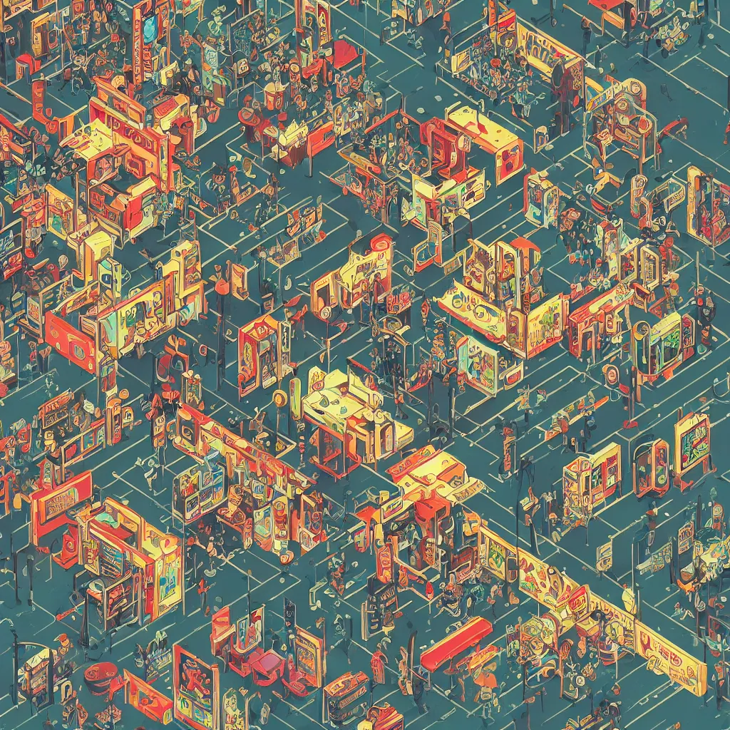 Prompt: isometric view illustration of a video games arcade, highly detailed mid day by Victo Ngai