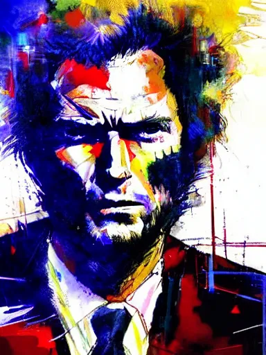 Image similar to clint eastwood by bill sienkiewicz, painting, detailed, hyper-detailed