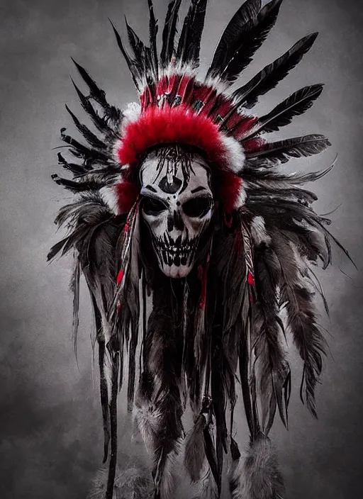 Image similar to the ghost - spirit of the grim - warpaint wears the scarlet skull armor and native blood headdress feathers, midnight fog - mist!, dark oil painting colors, realism, cinematic lighting, various refining methods, micro macro autofocus, ultra definition, award winning photo