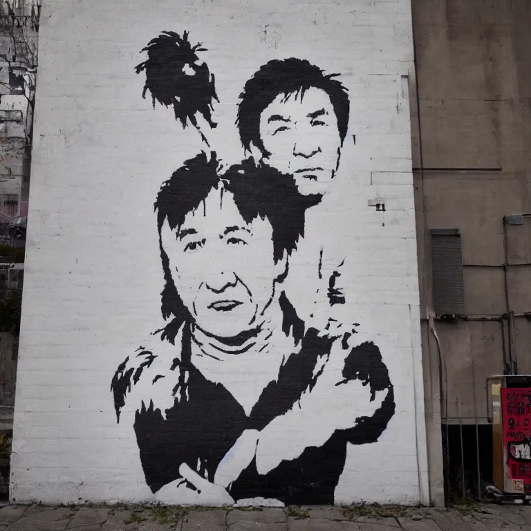 Image similar to Street-art full-body portrait of Jackie Chan in style of Banksy