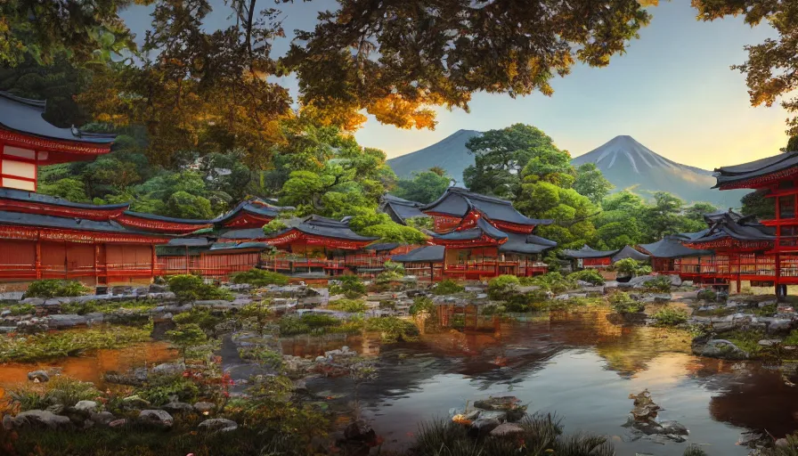 Image similar to japanese village built around a lake with forest at the foot of green gigntic mountains at sunset, fireplace, hyperdetailed, artstation, cgsociety, 8 k