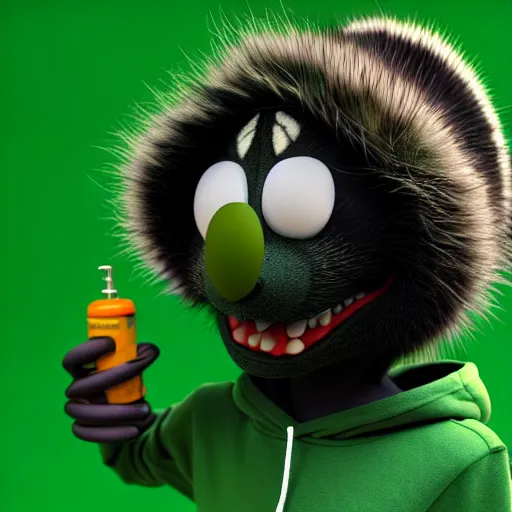 Image similar to a relaxed stoner with a black hoodie on with a marijuana themed dark green raccoon head from dr seuss, 3 d, blender 3 d, render, extremely detailed, 8 k, detailed fur