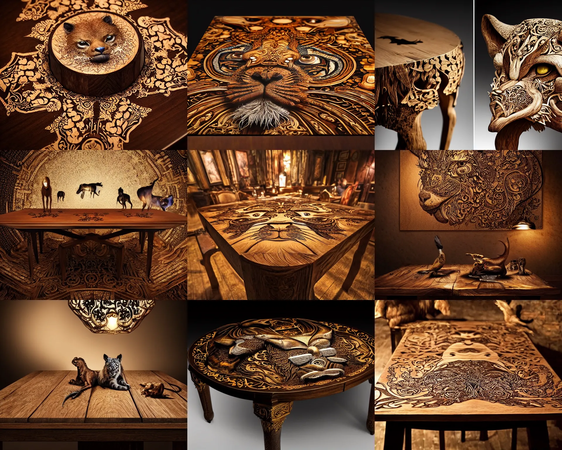 Prompt: wooden table with animal faces, dramatic lighting, fantasy, intricate, elegant, highly detailed, lifelike, photorealistic, Sigma 1.6, 50mm, bokeh, HDR, high resolution, artstation, concept art, smooth, sharp focus, art by John Collier and Albert Aublet and Krenz Cushart and Artem Demura and Alphonse Mucha