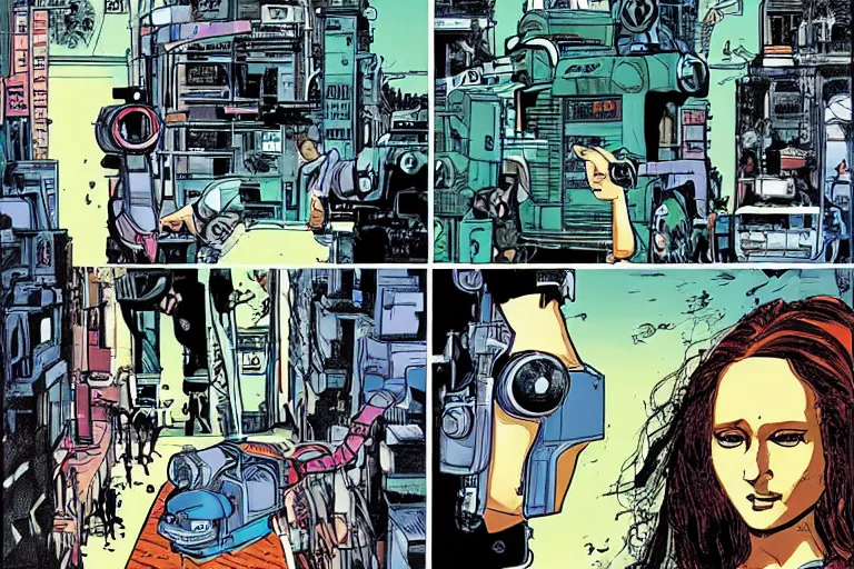 Prompt: comic book based on Monalisa overdrive by william gibson. cyberpunk aesthetic. Dirt machinery. Ultrarealistic.