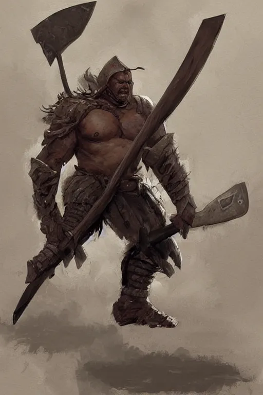 Prompt: a giant warrior in hide leather armor holding an axe, leaning against an ax, hatchet!!! concept art in style of Greg Rutkowski, painted by Frank Frazetta, John Singer Sargant