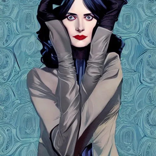 Prompt: Joshua Middleton comic art, stunning elegant female Eva Green, spy, eye patch over left eye,beautiful evil smile, symmetrical face, symmetrical eyes, leather clothing, long straight black hair, full body, MIdnight