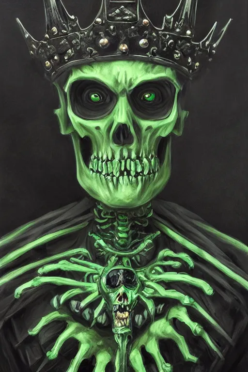 Prompt: portrait of an ominous skeleton king dressed in black robes wielding poisonous powers, glowing green and black tones, oil on canvas, gothic style, ornate, elegant, highly detailed, realistic, concept art, trending on artstation