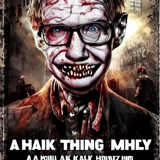 Image similar to a zombie movie where all the zombies are stephen hawking, horror imax cinematic dark night fog