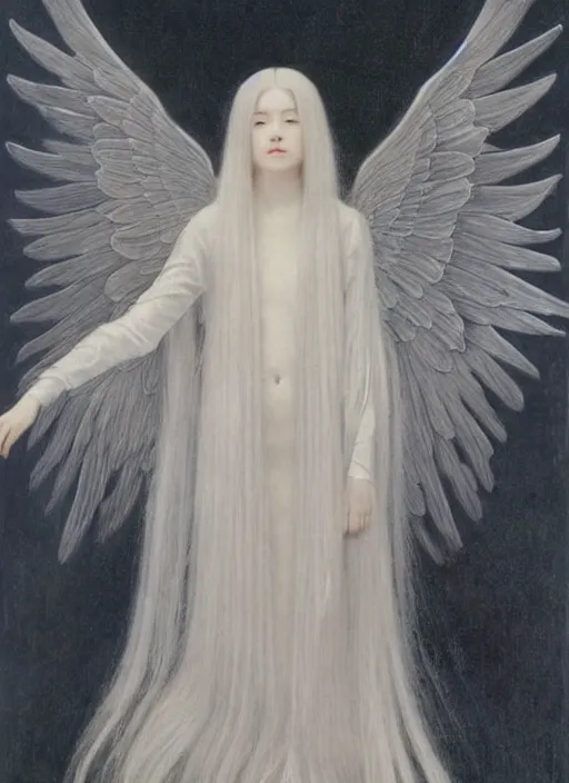 Image similar to thin young wan angel, silver hair so long, pale!, long silver hair, silver angel wings, smooth skin, wan adorable korean face, silver hair!!, style of fernand khnopff and lucien levy - dhurmer, oil on canvas, 1 8 6 2, 4 k resolution, aesthetic!,