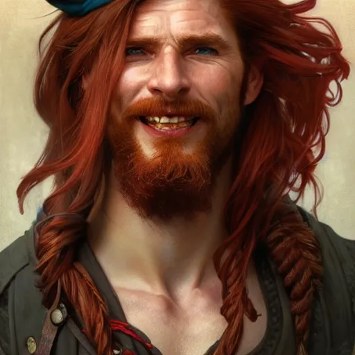 Image similar to portrait of a young ruggedly handsome but joyful pirate, male, masculine, upper body, red hair, long hair, d & d, fantasy, joyful smirk, intricate, elegant, highly detailed, digital painting, artstation, concept art, matte, sharp focus, illustration, crimson hair, art by artgerm and greg rutkowski and alphonse mucha