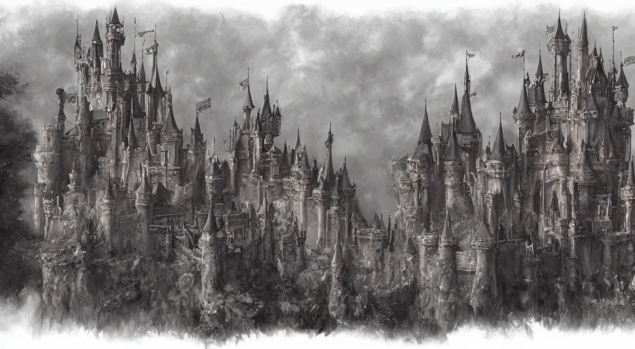 Prompt: disney fantasy castle. Jean-Baptiste Monge and Alex Ross a artwork of a gothic revival castle