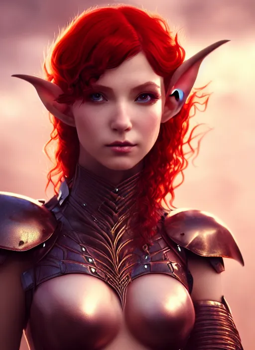 Image similar to leather armor beautiful and elegant curly red hair female elf gorgeous ayes character concept art, sharp focus, octane render! unreal engine 5! highly rendered!! trending on artstation!! detailed linework!! illustration by artgerm, wlop, and chie yoshii