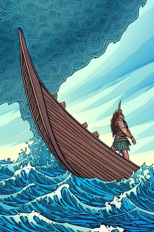 Prompt: comic cover art of a viking longboat, waves crashing, high fantasy digital illustration, by jenny frison and sana takeda, intricate details, stunning inking lines, flat colors, 4 k, hd, artstation