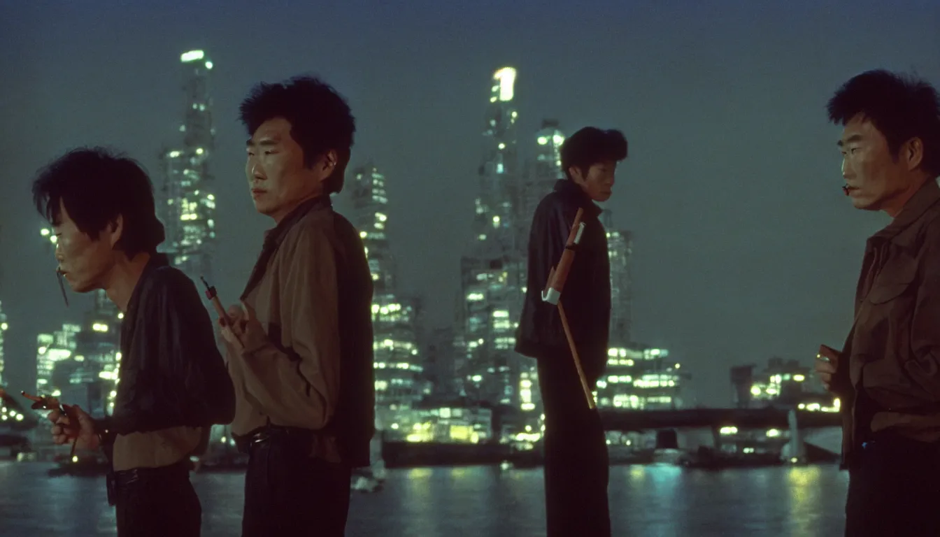 Prompt: 80s asian neon movie still with a man smoking cigarette by the river at night with city lights behind his back. Fallen angels movie still. hyperrealistic, high definition, medium format photography, highly detailed, tehnicolor