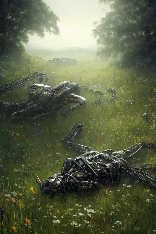 Image similar to a portrait of a broken giant mechanical robot laying in the meadow covered in plants by greg rutkowski, sung choi, mitchell mohrhauser, maciej kuciara, johnson ting, maxim verehin, peter konig, bloodborne, 8 k photorealistic, cinematic lighting, hd, high details, dramatic, dark atmosphere, trending on artstation