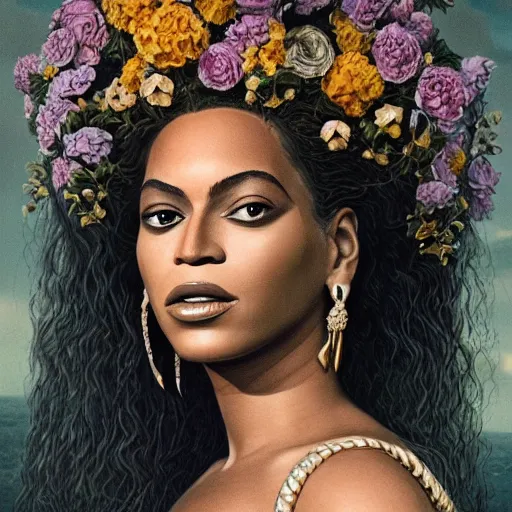 Image similar to portrait of Beyonce as a young pretty woman in flowing dress, arrogant, mysterious, long fine flowing hair, delicate, looking at camera, realistic face, intricate, stylish, elegant, grimdark, flowers, extremely detailed photograph by Martine Johanna and Ernst Haeckel and Greg Rutkowski