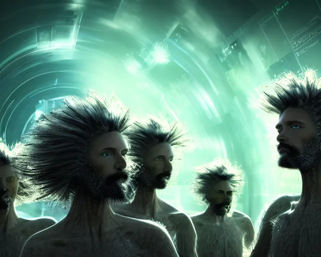 Image similar to realistic textured magnetosphere, beautiful hairy humanoids, love, joy, complex cybernetic beings, glowing hair, vortexes, large array, ornate hair, cinematic light shadows, wet hdr refractions, insanely detailed rendering, cybernetic civilizations, 8 k, * * * * *