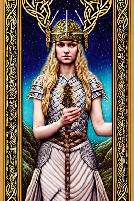 Prompt: beautiful, subtle, and refined engraved fractal tarot card featuring an ornate, realistic, and regal high key studio portrait of an attractive young viking princess with braided blonde hair and a helmet by Suicide Girls, by Dan Mumford, by Jim Fitzpatrick, featured on deviant art, trending on artstation