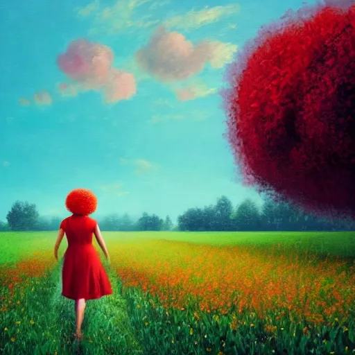 Image similar to large red flower afro, full body, girl walking in the middle of a field with flowers, surreal photography, hills, sunrise dramatic light, impressionist painting, colorful clouds, digital painting, pointillism, artstation, simon stalenhag