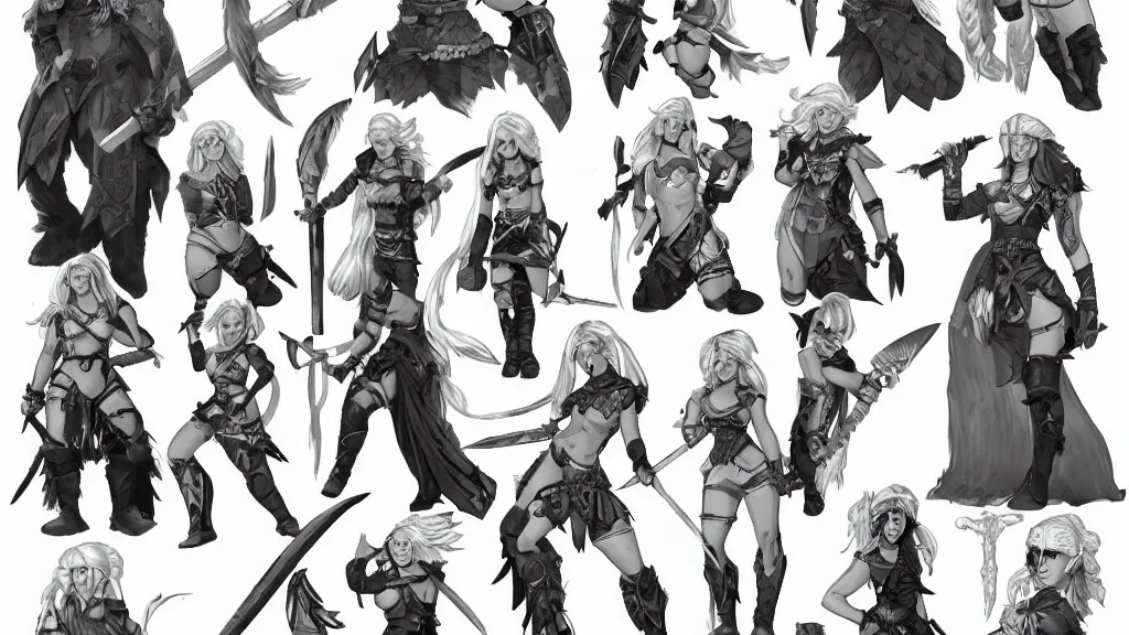 Prompt: a fantasy female barbarian with white hair character design sheet, trending on artstation