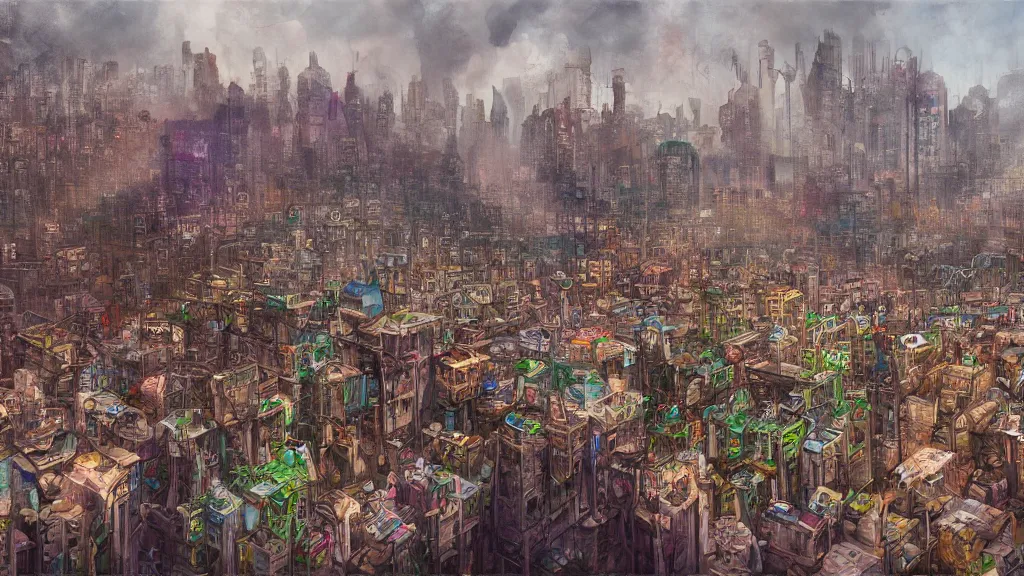 Prompt: thousands of clones of poor woman, dystopian slums, vibrant, fantasy, trending on art station, oil painting, concept art