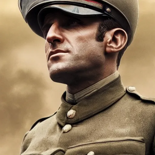 Prompt: promotional image of Emmanuel Macron as an army soldier in 1917 (2019 film), detailed face, movie still, promotional image, imax 70 mm footage