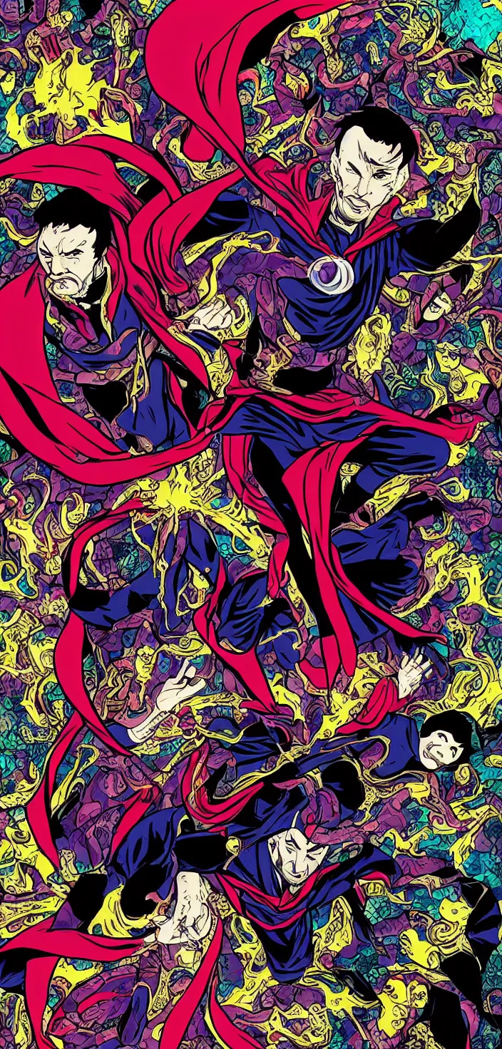 Image similar to Dr strange as an evil anime character in the style of Junji Ito, bright colourful pop art