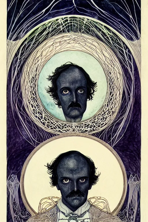 Prompt: realistic symmetrical portrait of edgar allen poe in the center of a frame of veins, detailed art by kay nielsen and walter crane, illustration style, watercolor