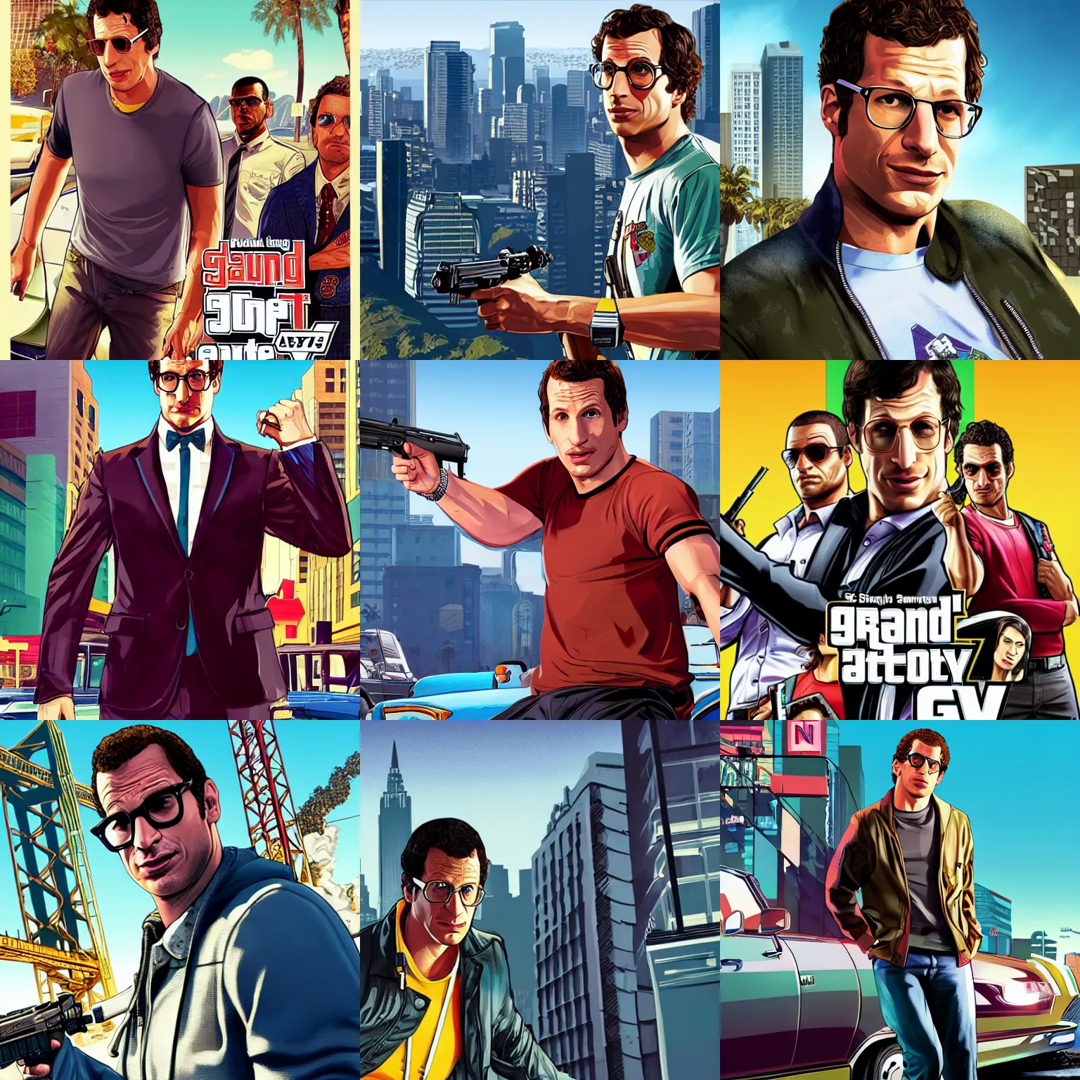 Prompt: andy samberg in gta v promotional art by stephen bliss, no text, very detailed, high quality, dramatic lighting, great likeness