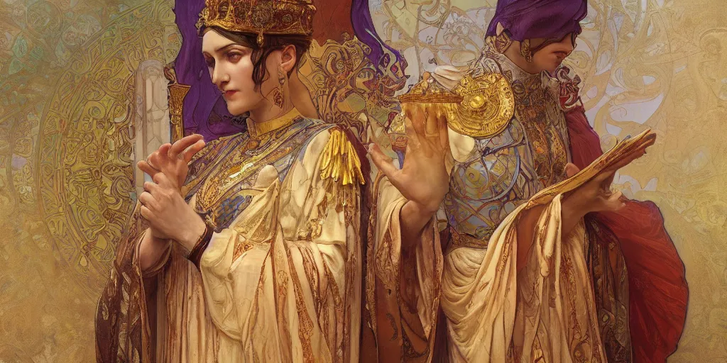 Image similar to byzantine empress theodora the first, art nouveau artwork masterpiece, by Alphonse Mucha, Adolfo Hohenstein, Stanley Artgerm Lau, Greg Rutkowski, Thomas Kindkade, trending on artstation, 4k, smooth, sharp focus