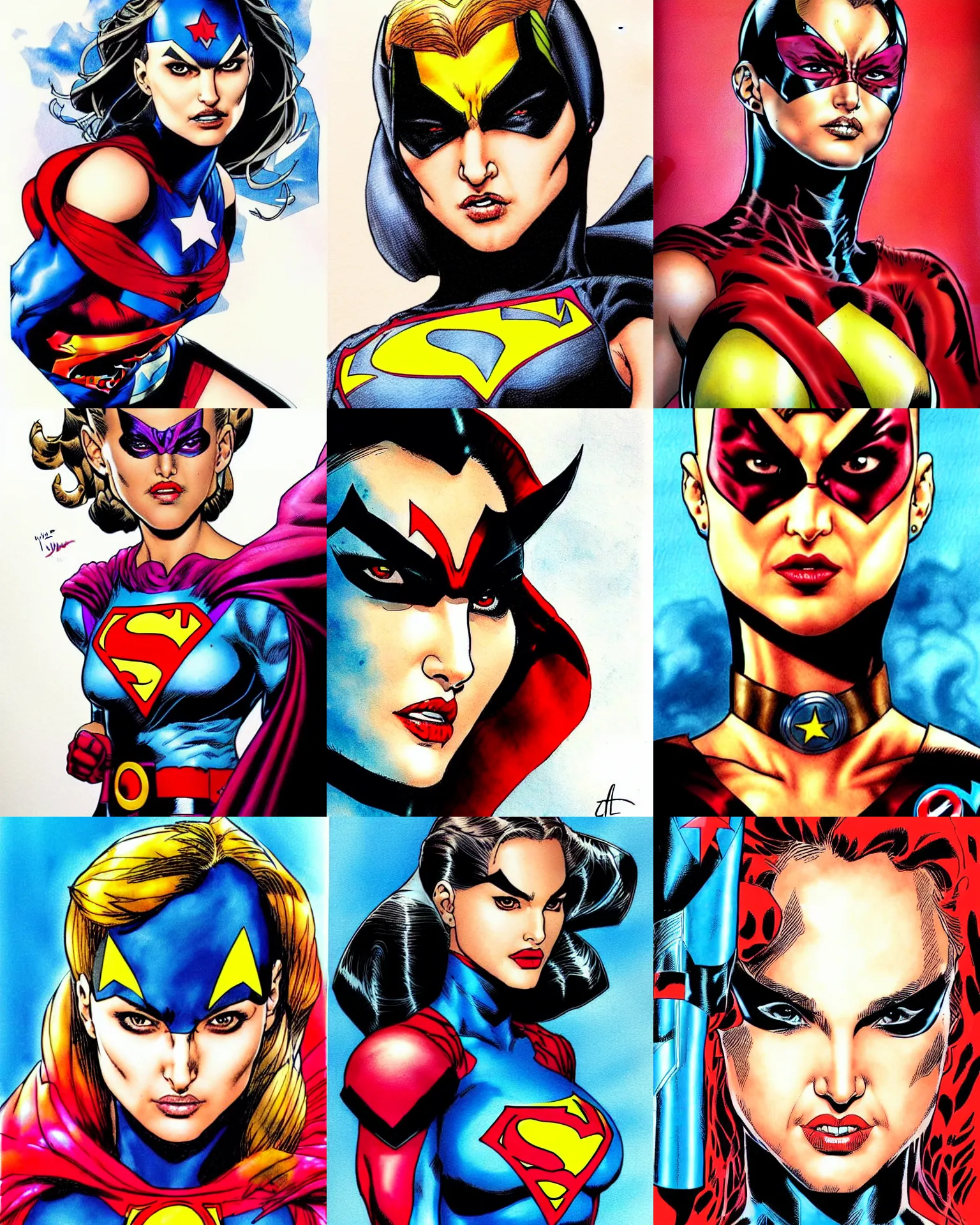 Prompt: jim lee!!! ink colorised airbrushed gouache sketch by jim lee close up headshot of tatar natalie portman as superhero in the style of jim lee, x - men superhero comic book character by jim lee