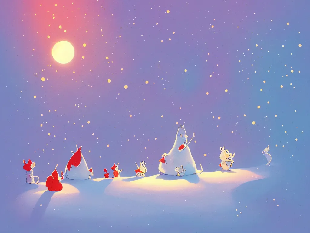 Image similar to moomins in a magic space wonderland, looking cute, illustration, warm colors, fluffy, cozy, hyperrealistic, low light, volumetric light, smooth, trending on artstation