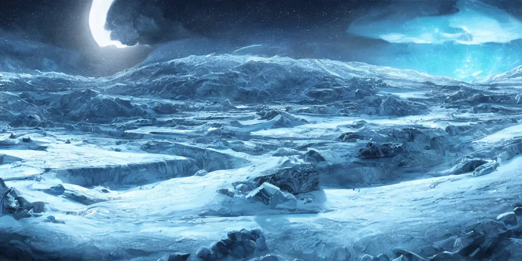 Image similar to view of an icy cold planet with propane lakes,concept art, digital painting, still, highly detailed, intricate details, landscape