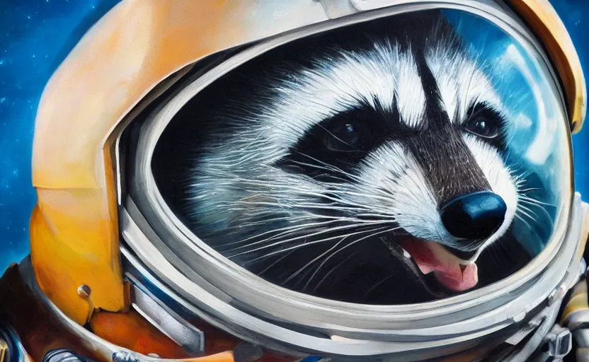 Prompt: oil painting of a racoon in a astronaut suit with helmet, 35mm, photo, Epic, cinematic, highly detailed and intricate